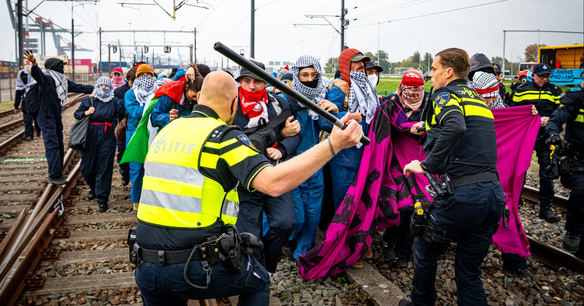 Actievoerders blokkeren havenspoorlijn: politie grijpt hardhandig in, veel aanhoudingen - Rijnmond