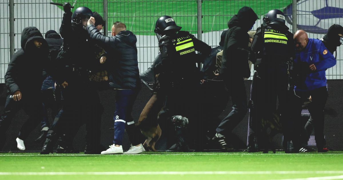 Politie en supporters op het veld, wedstrijd FC Den Bosch - ADO Den Haag gestaakt - Omroep West