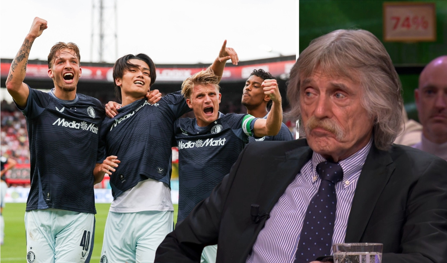 Johan Derksen met op de achtergrond Feyenoord-spelers Valente, Ueda, Steijn en Borges