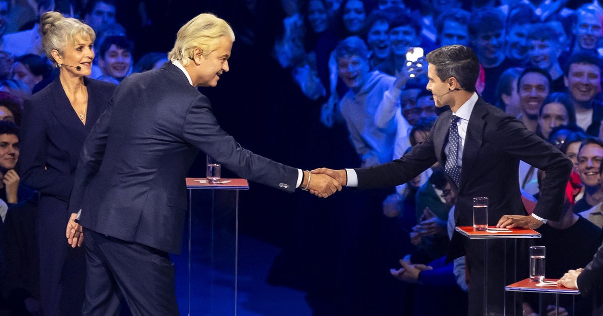 Geert Wilders (PVV) en Rob Jetten (D66) tijdens het EenVandaag Verkiezingsdebat