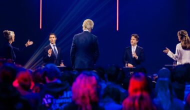 Rob Jetten (D66), Geert Wilders (PVV), Henri Bontenbal (CDA) en Dilan Yeşilgöz (VVD) tijdens het EenVandaag Verkiezingsdebat