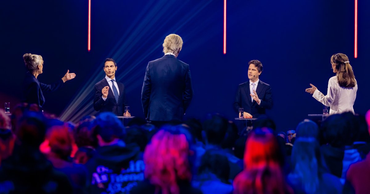 Rob Jetten (D66), Geert Wilders (PVV), Henri Bontenbal (CDA) en Dilan Yeşilgöz (VVD) tijdens het EenVandaag Verkiezingsdebat