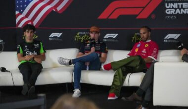 Gabriel Bortoleto, Max Verstappen en Lewis Hamilton op de mediadag voorafgaand aan het Grand Prix-weekend in Amerika.
