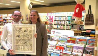 Standaard Boekhandel-uitbaters Tine en Diederik vieren Feest van het Boek samen met Suske & Wiske, andere striphelden en hun tekenaars