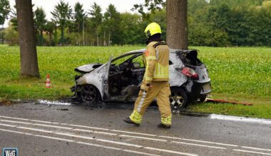 Auto botst tegen boom en vliegt in brand in Roggel
