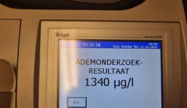 Vrouw in Den Helder blaast record bij controle, had 2,9 promille alcohol in bloed