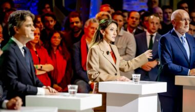 Henri Bontenbal, Dilan Yesilgöz en Frans Timmermans tijdens het Debat van het Zuiden (Foto: ANP).