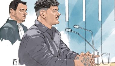 Rechtbanktekening van Justin B. (Tekening: ANP / ALOYS OOSTERWIJK).