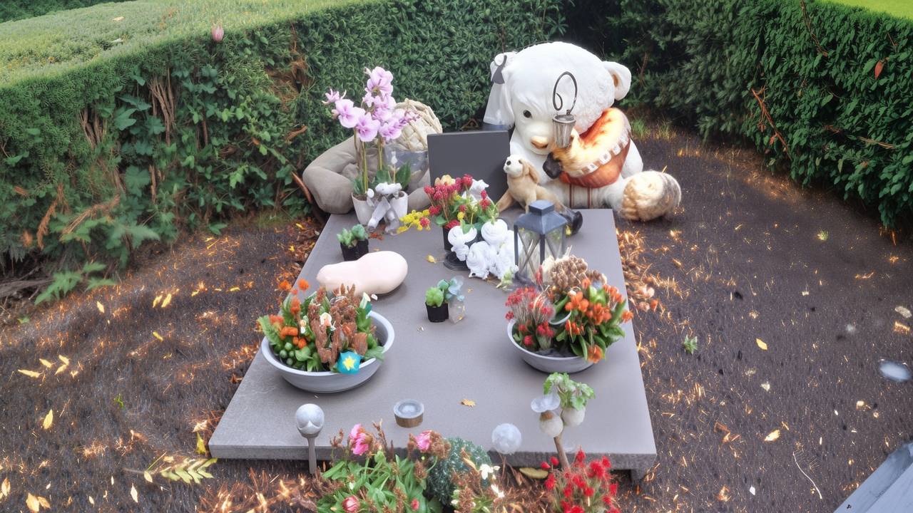 Er staan te veel spullen op het graf en de achterste knuffel staat niet op het graf (foto: Jay Manichand)