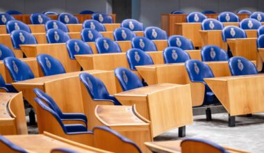 Lege stoelen in de plenaire zaal van de Tweede Kamer (Foto: ANP)