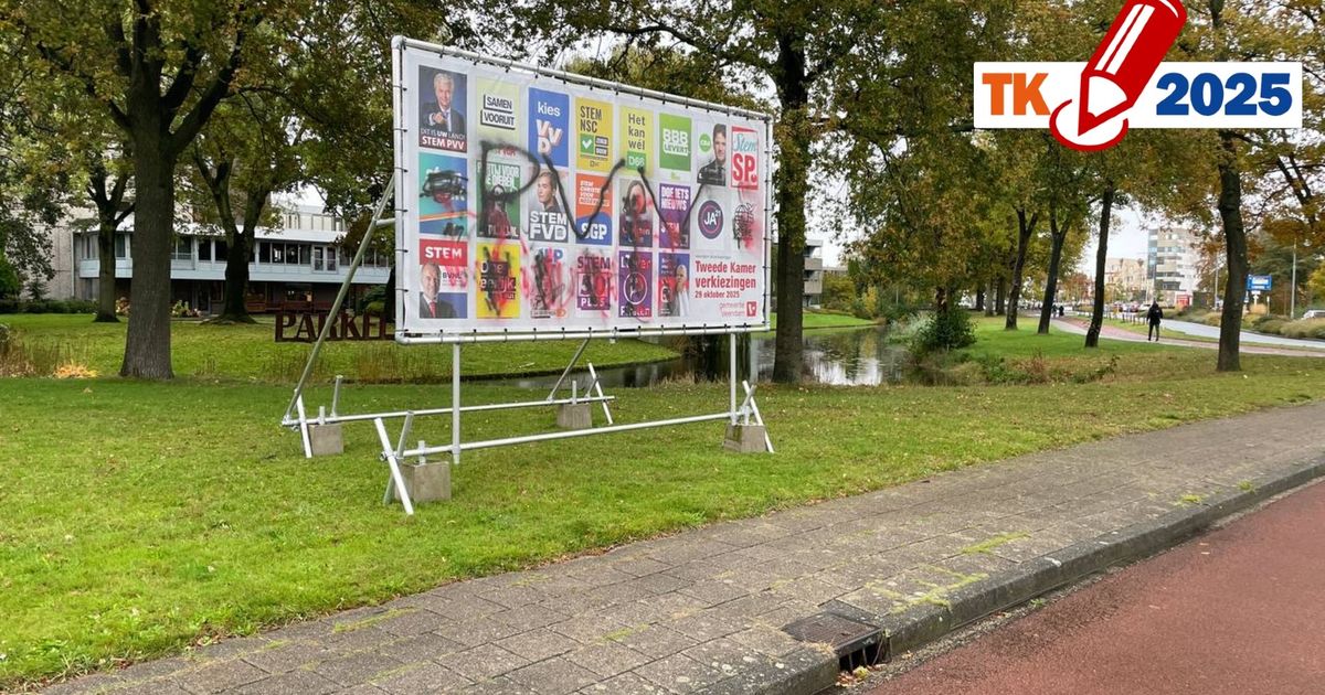 Tweede Kamerverkiezingen: Verkiezingsborden Veendam beklad met grote letters PVV en hakenkruis