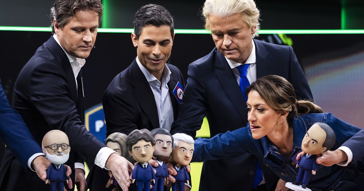 Henri Bontenbal (CDA), Rob Jetten (D66), Geert Wilders (PVV), en Dilan Yeşilgöz (VVD) bij het Jeugdjournaaldebat