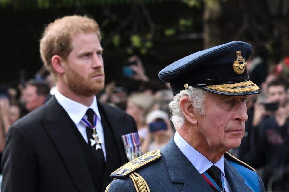 britain's king charles iii and britain's prince harry, duke of sussex walk behind the coffin of queen elizabeth ii, adorned with a royal standard and the imperial state crown and pulled by a gun carriage of the king's troop royal horse artillery, during a procession from buckingham palace to the palace of westminster, in london on september 14, 2022. queen elizabeth ii will lie in state in westminster hall inside the palace of westminster, from wednesday until a few hours before her funeral on monday, with huge queues expected to file past her coffin to pay their respects. (photo by loic venance / afp)