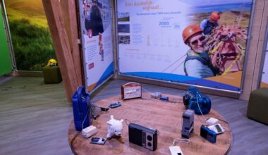 Tentoonstellingsruimte met een banner waarop mannen staan die werken aan een zendmast. Daarvoor staat een tafel waarop allerlei geluidsdragers liggen, zoals radio’s en andere apparatuur.