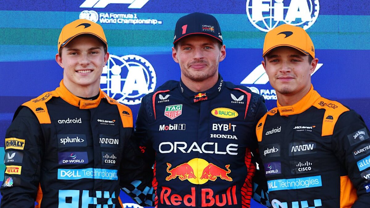 Oscar Piastri, Max Verstappen en Lando Norris