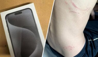 De voetafdrukken op Ties z'n rug, links de telefoon uit de advertentie (foto's: privé).