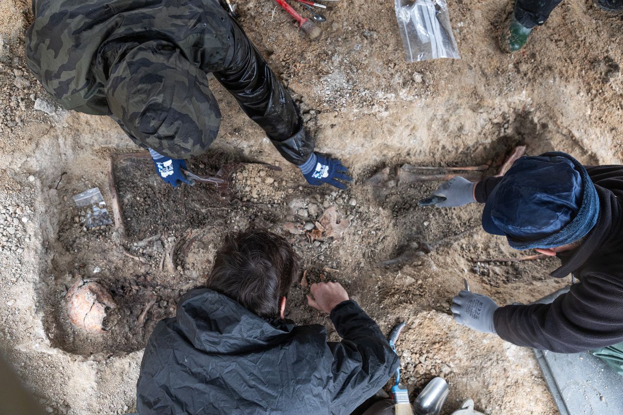 Met borstels, mesjes en penselen brengt het team het lichaam naar het oppervlak. 