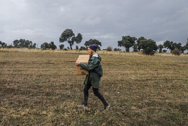Núria, een medewerker van de ARMH, draagt de doos met de stoffelijke resten van het gevonden lichaam voor de dna-analyse.