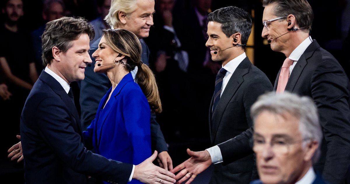 Lijsttrekkers Henri Bontenbal (CDA), Dilan Yeşilgöz (VVD), Geert Wilders (PVV), Rob Jetten (D66) en Joost Eerdmans (JA21) na het slotdebat bij de NOS