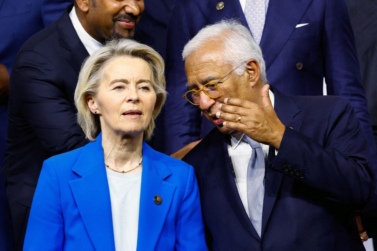 Europese Commissievoorzitter Ursula von der Leyen en voorzitter van de Europese Raad António Costa, tijdens de G20 in Zuid-Afrika. Het duo nam de afgelopen dagen de woordvoering namens Europa voor hun rekening.