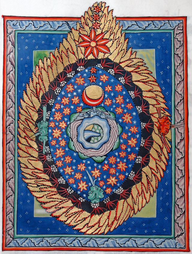 Miniatuur ‘Das Weltenei’uit het middeleeuwse handschrift Rupertsberger Scivias-Kodex van Hildegard von Bingen uit 1175.