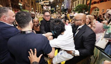 Het moment waarop de fan werd overmeesterd, nadat hij Ariana Grande aanklampte.