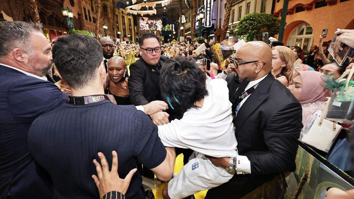 Het moment waarop de fan werd overmeesterd, nadat hij Ariana Grande aanklampte.