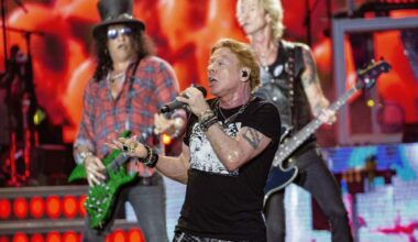 Axl Rose, Slash en Duff McKagan van Guns N’ Roses.