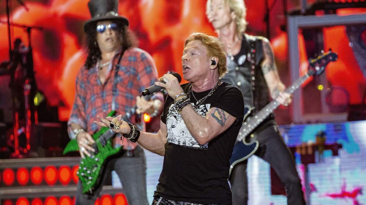 Axl Rose, Slash en Duff McKagan van Guns N’ Roses.