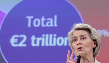 EU-kopstuk Ursula von der Leyen bij de presentatie van de megalomane begrotingsplannen.