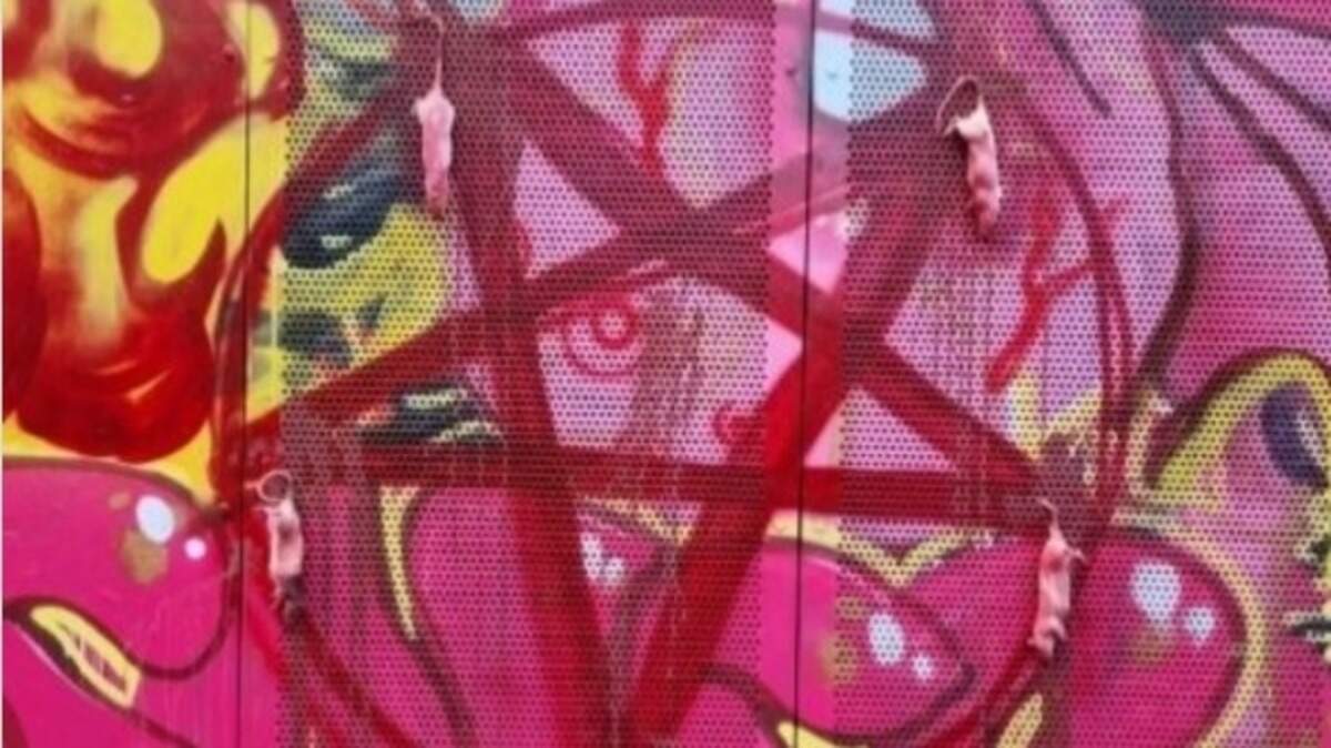 De schildering met de daar omheen gehangen dode ratten werd op donderdag 20 november aangetroffen door een voorbijganger. 