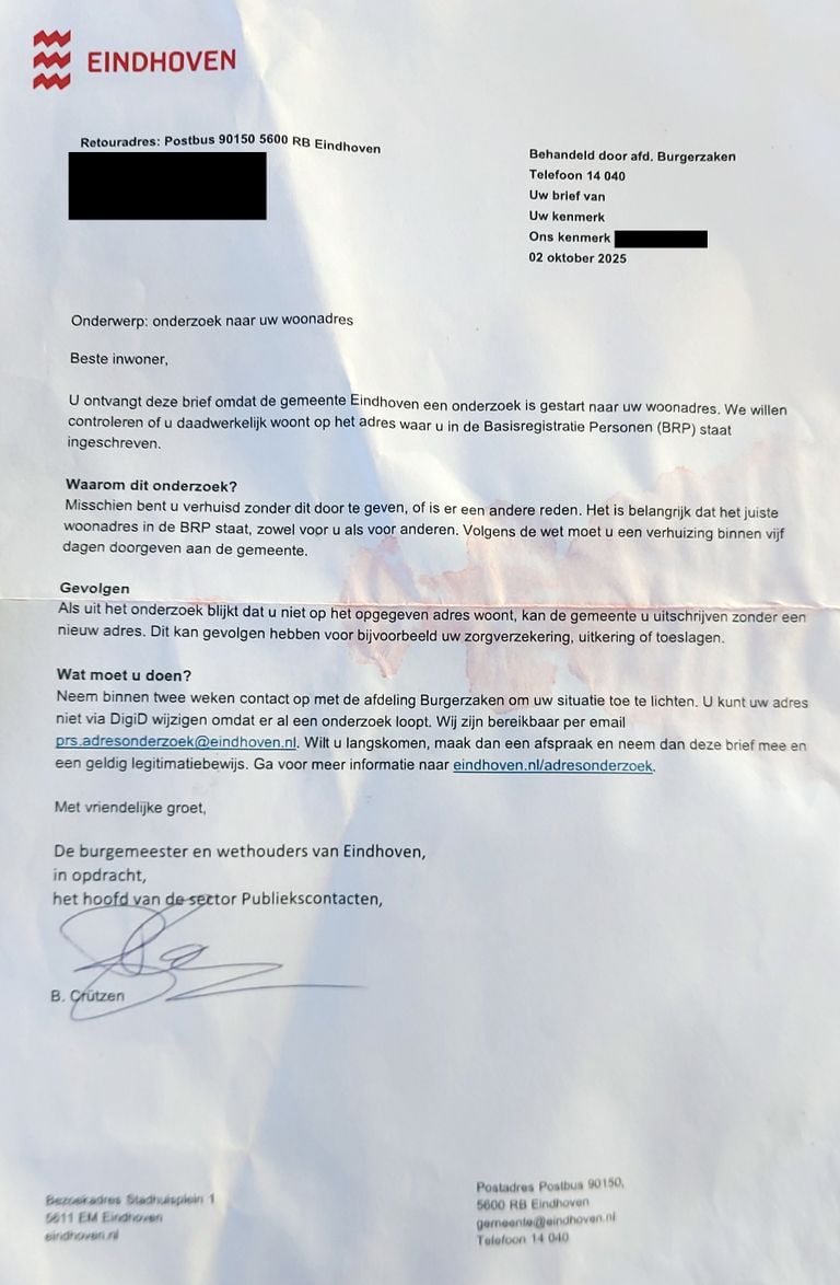 De eerste brief die Gudule begin oktober kreeg. 