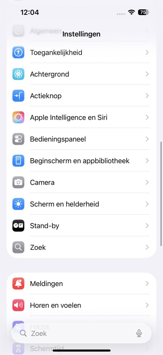 Lijst met menu's in Instellingen op iPhone