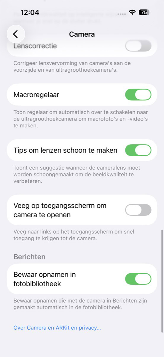 Schakelaar met 'Veeg op toegangsscherm om camera te openen' op grijs