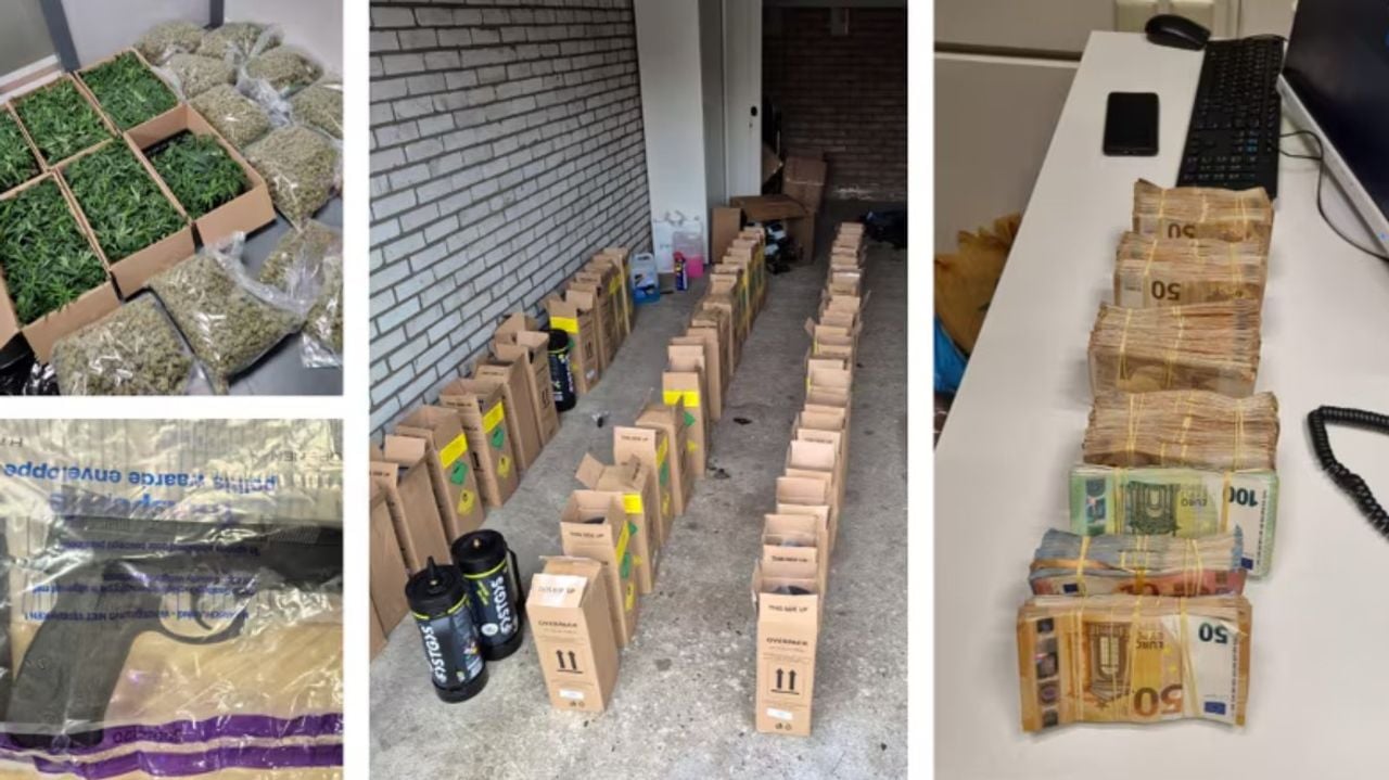 De politie vond een hoop geld, drugs, een wapen en henneptoppen (foto: Politie Eenheid Oost-Brabant op X).