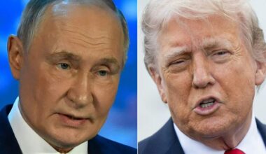 De Russische president Vladimir Poetin (l.) noemt het conceptvoorstel voor vrede in Oekraïne van zijn Amerikaanse ambtgenoot Donald Trump (r.) een mogelijke basis om tot vrede in Oekraïne te komen.