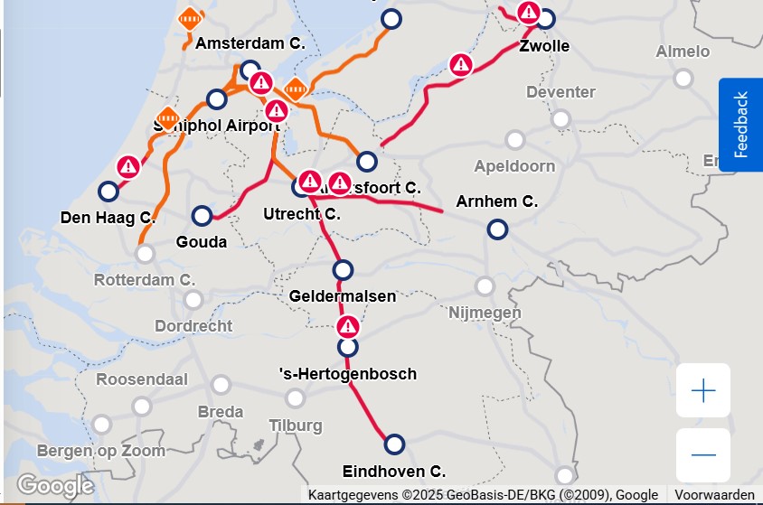 Ook op dinsdag veel storingen op het spoor