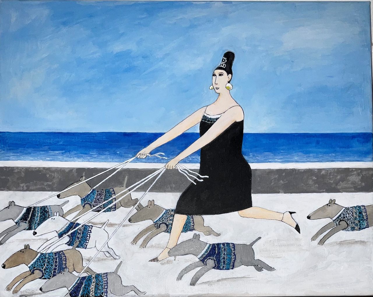 De vrouw met honden die Thé Tjong-Khing tekende, en waarop zijn vrouw Mino Wortel onder meer de jasjes van de honden borduurde.