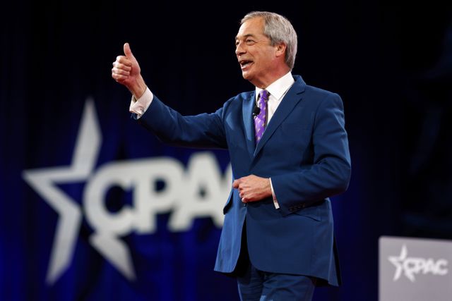 Reform UK leider Nigel Farage bij de Conservative Political Action Conference (CPAC) in februari dit jaar  