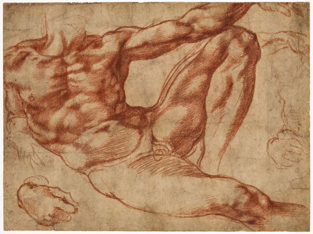 Michelangelo Buonarroti (1475-1564), Studies voor Adam voor de Sixtijnse Kapel, ca. 1511, Rood krijt op papier.