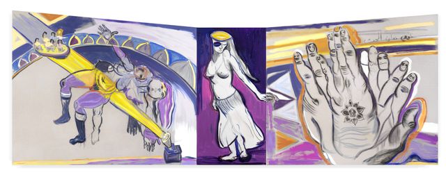 Mounira Al Solh, Flying clapping, grooving, tasting love, drieluik, 2025