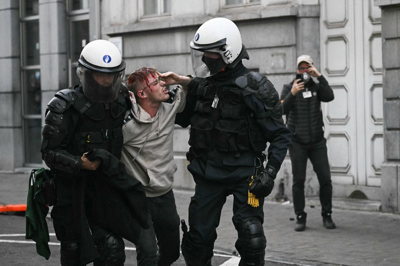 De politie pakt een betoger op.