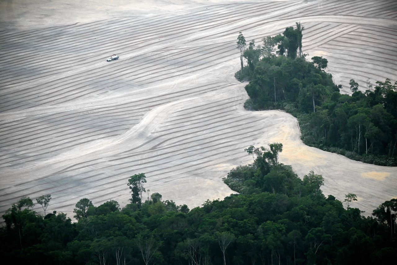 Een vrachtwagen rijdt door een ontbost stuk van de Amazonewouden op 12 november, in de buurt van Belém. De grond wordt voorbereid op plantagebouw. Het tegengaan van ontbossing – zeker in tropische gebieden – stond hoog op de prioriteitenlijst van de COP30.