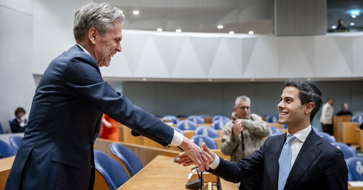 Demissionair premier Dick Schoof en Rob Jetten (D66)