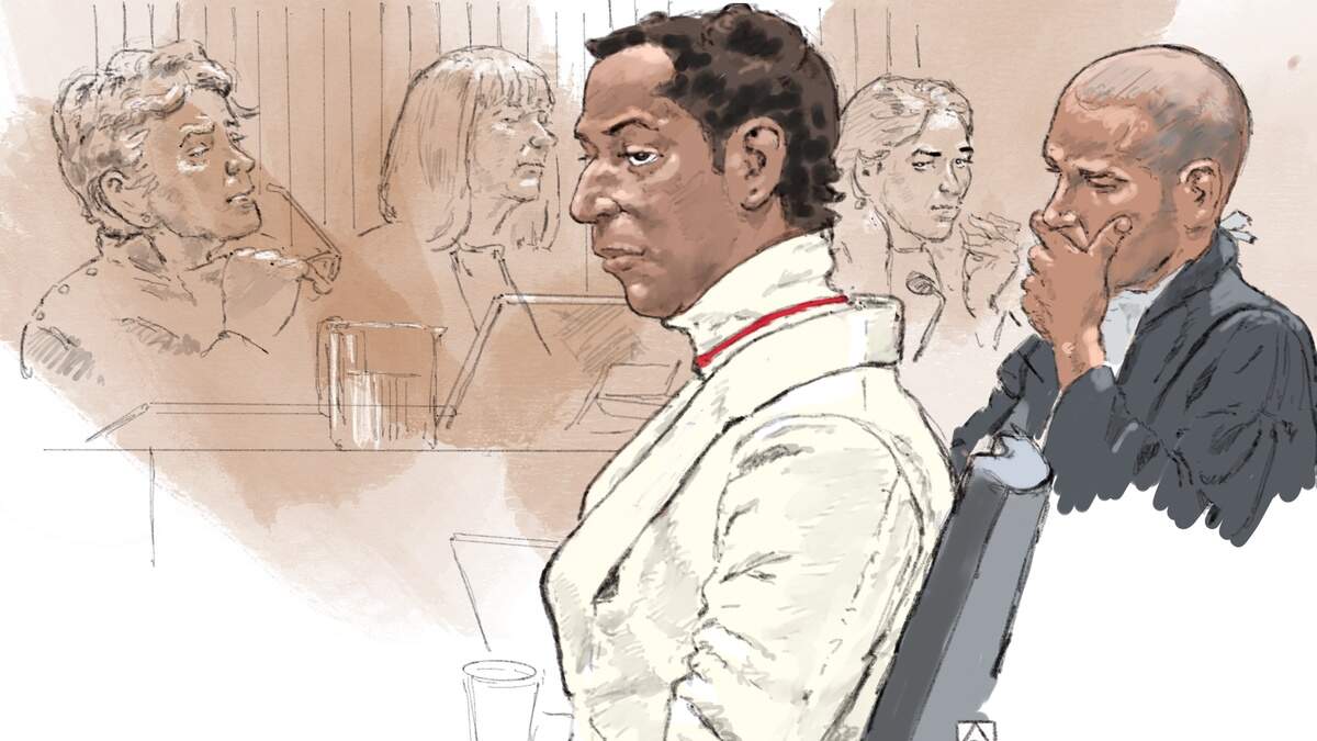 Rechtbanktekening van verdachte Olton K. tijdens de inhoudelijke zitting in de strafzaak.