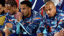 De bank van het Nederlands elftal, met Xavi Simons, Justin Kluivert en Donyell Malen.