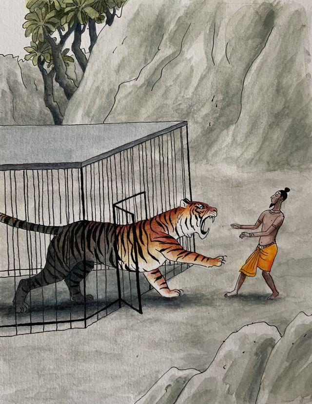 De illustratie bij het sprookje De brahmaan en de tijger 