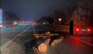 Boomstammen vallen van vrachtwagen op Duitse A1: rijstroken urenlang afgesloten