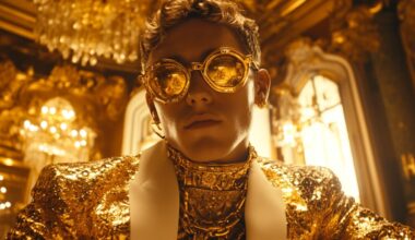 Portret van een man in een luxueuze gouden outfit, met goudkleurige bril en sieraden, poserend in een rijkelijk versierde ruimte met kroonluchters en gouden decoraties