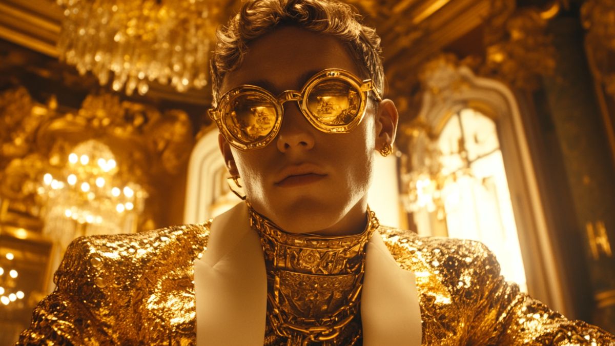 Portret van een man in een luxueuze gouden outfit, met goudkleurige bril en sieraden, poserend in een rijkelijk versierde ruimte met kroonluchters en gouden decoraties